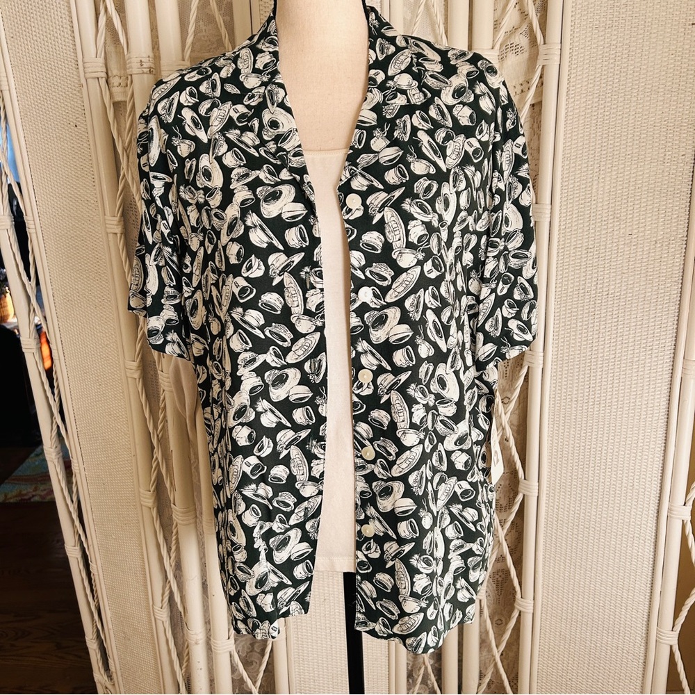 Vintage 90s Liz Claiborne Hat-Print Blouse – Green & Ivory – Button Front – Size - Picture 3 of 15